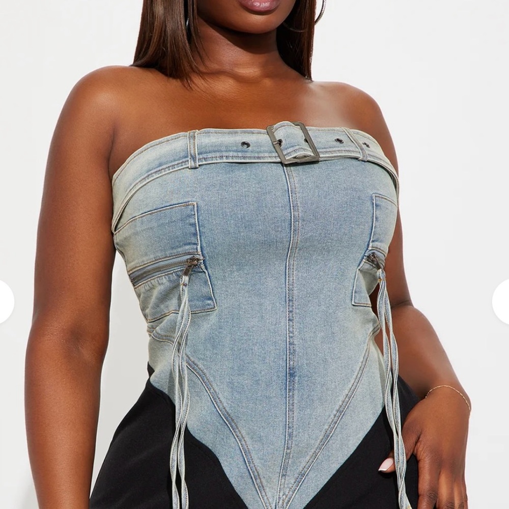 Women's Black and Blue Denim Corset jumpsuit - Picture 4 of 6